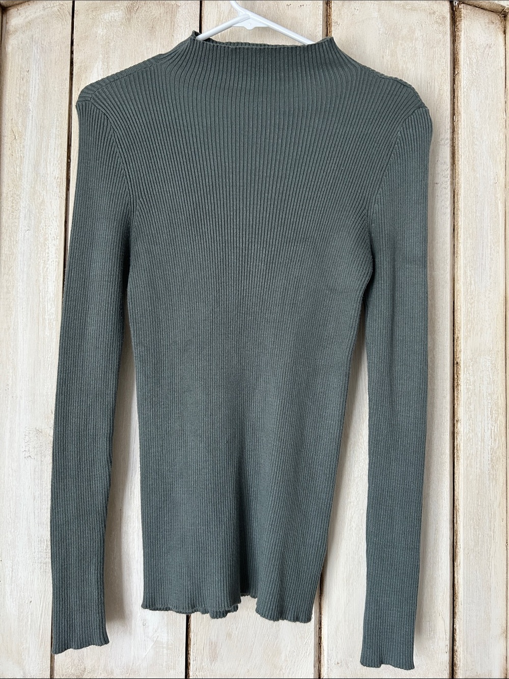 Nine West Ribbed Mock Neck Long-Sleeve Top in Slate Green